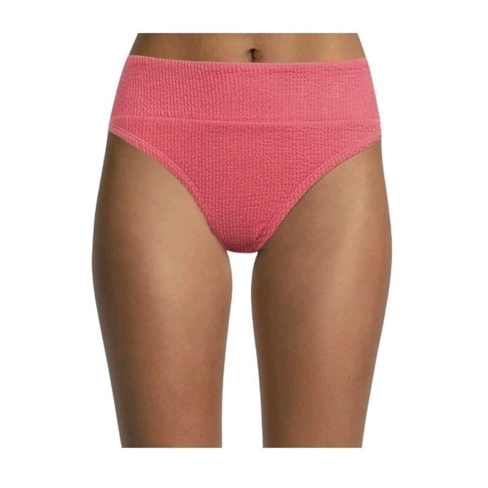 Time and Tru Pink Solid Crinkle Mid Rise Bikini‎ Bottom Plus Size 1X 16W-18W NEW